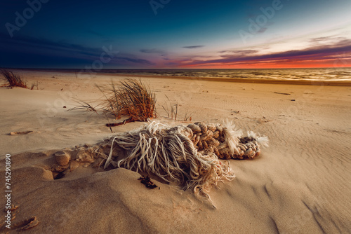 Close-up of a washed up piece of rope on a beach by Curonian Spit, Lithuania photo