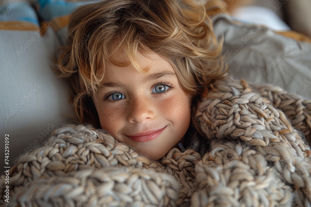 A young child with bright blue eyes is comfortably wrapped in a chunky knitted blanket, smiling gently A young child with bright blue eyes is comfortably wrapped in a chunky knitted blanket, smiling gently