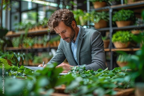 Focused man in business attire taking notes among lush greenery in a modern botanical workspace