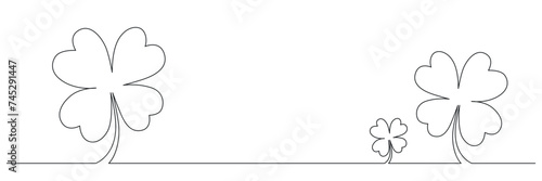 Clovers flower banner for Saint Patrick day - good lucky symbol, single line. Vector stock minimalism illustration isolated on white background for design template invitation frame. Editable stroke.