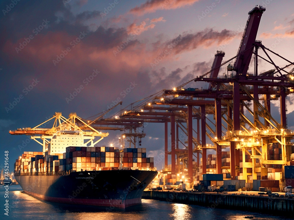 Fototapeta premium Industrial Harbor at Twilight: Logistics and Commerce