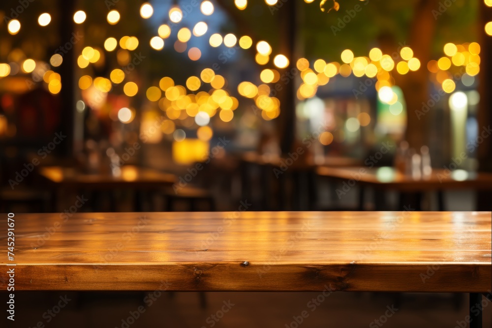 Empty wooden table with blurred bokeh light background for product display or design mockup