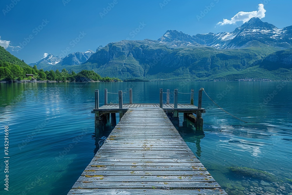 Naklejka premium Peaceful mountain and lake scenery seen from an old wooden dock, clear blue sky reflects on calm water