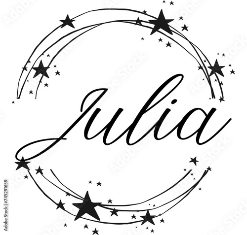 Julia- name written between circles and stars, round logo, vector graphics for parties and Christmas period, banners, cards,, sweatshirt, prints, cricut, silhouette, sublimation	


