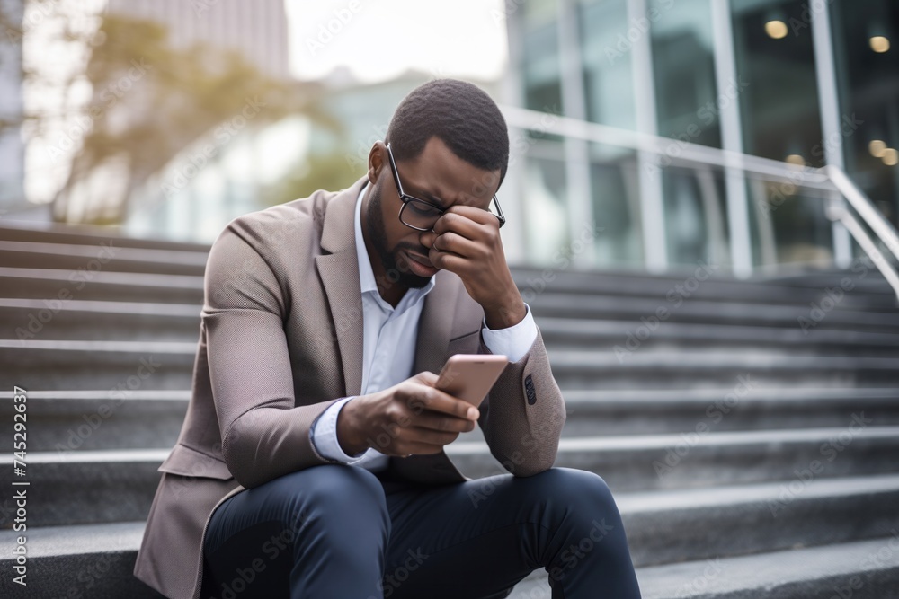 Stressed african american businessman sitting on steps, head in hand, looking at phone, troubled expression - obrazy, fototapety, plakaty 