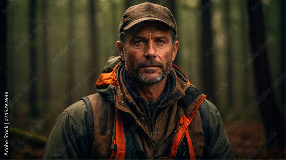 Portrait of hunter in the forest