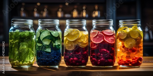 Colorful fruit floating in a jar of brewing kombucha fermenting beverage. Concept Fruit, Kombucha, Fermentation, Colorful, Beverage