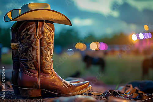 Live concert at a country music festival featuring cowboy hats boots and ranch stables 