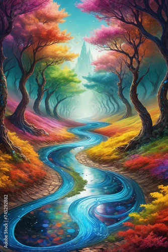 A diffuse array of colors spread like water, worlds appear within the swirls, a winding dirt road disappears amongst the trees