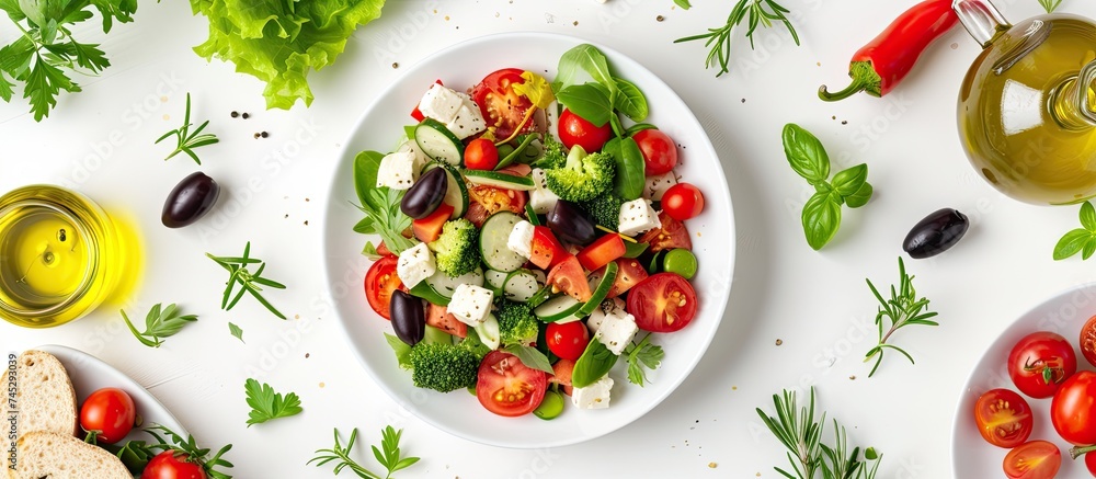 A top view of a white plate topped with a colorful Greek salad, garnished with fresh vegetables and a bottle of oil, placed next to other plates of food on a white background. A top view of a white plate topped with a colorful Greek salad, garnished with fresh vegetables and a bottle of oil, placed next to other plates of food on a white background.