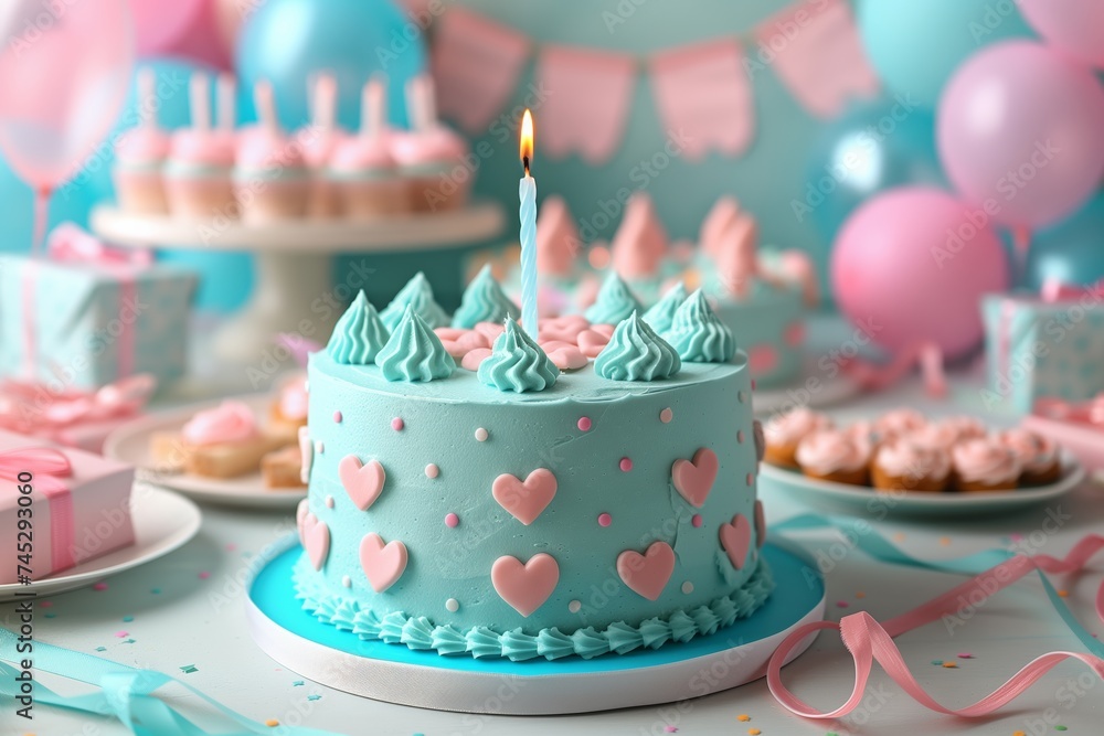Delightful turquoise cake with heart decorations and whimsical meringues, ready for a celebration amid pink balloons. Aqua frosted dessert adorned with pink hearts, set for a festive event. Delightful turquoise cake with heart decorations and whimsical meringues, ready for a celebration amid pink balloons. Aqua frosted dessert adorned with pink hearts, set for a festive event.