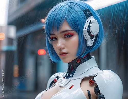 A woman with electric blue hair styled in bangs and a Hime cut is wearing a robot costume with wings, headphones, and a chest plate at an animated cartoonthemed event photo