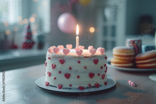 Whimsical birthday cake adorned with pink hearts and sprinkles  a lit candle awaits a wish  with a festive ambiance. Single candle burns atop a festive cake  embellished with heart-shaped toppings
