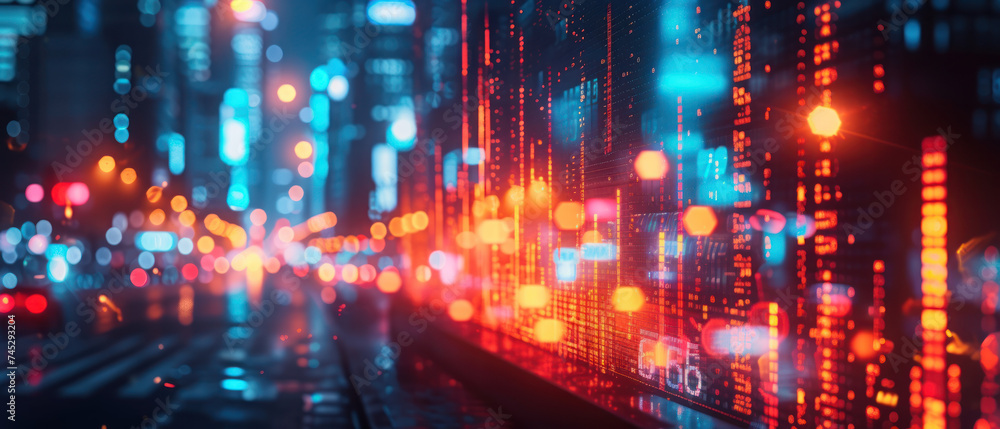 Illuminated data analytics concept superimposed over a cityscape at dusk, representing the intersection of urban life and the digital economy Illuminated data analytics concept superimposed over a cityscape at dusk, representing the intersection of urban life and the digital economy
