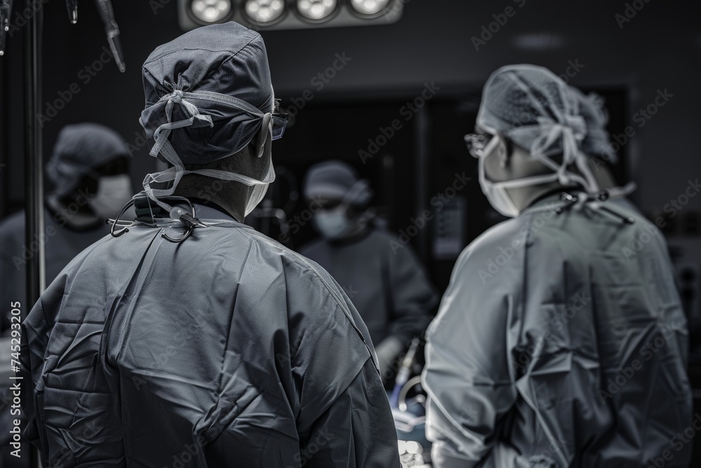 Surgical team in scrubs viewed from behind, preparing in an operating theater, showcasing teamwork in sterile environment. Surgeons in grey operating gowns ready for surgery, captured from rear Surgical team in scrubs viewed from behind, preparing in an operating theater, showcasing teamwork in sterile environment. Surgeons in grey operating gowns ready for surgery, captured from rear