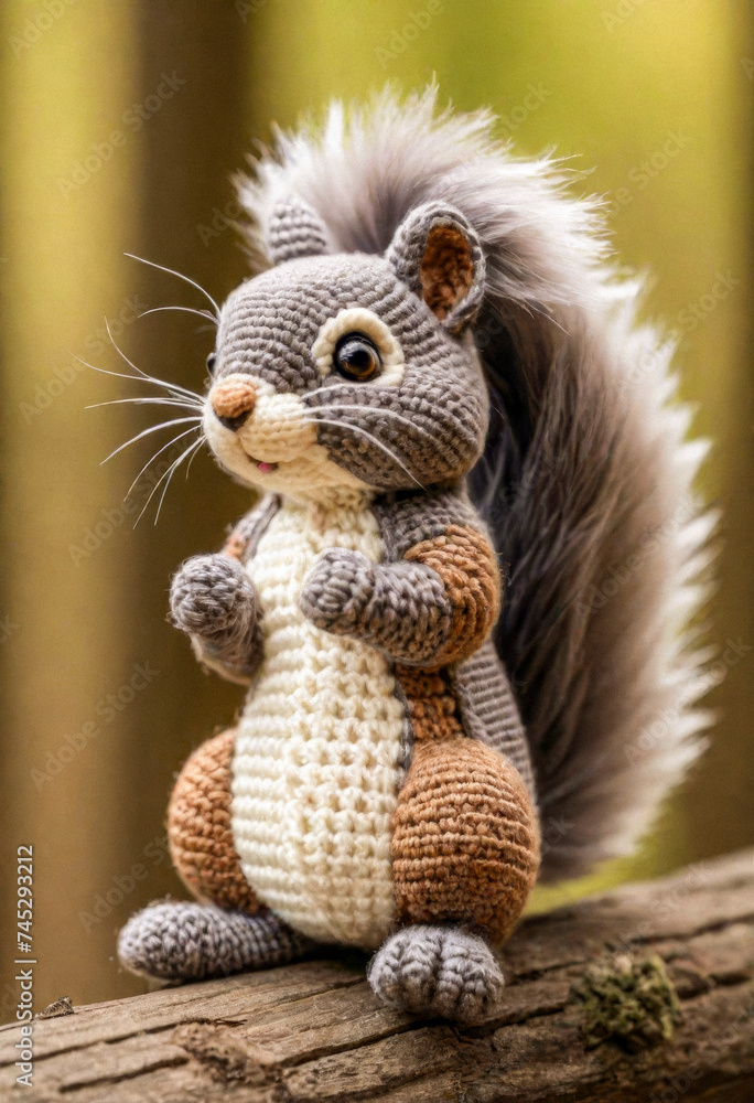 Knitted from wool cute squirrel, Japanese art - amigurumi