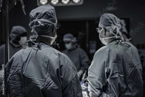Surgical team in scrubs viewed from behind, preparing in an operating theater, showcasing teamwork in sterile environment. Surgeons in grey operating gowns ready for surgery, captured from rear