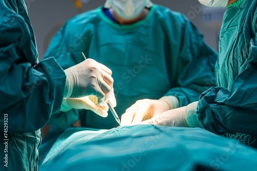 Clinical team engaged in a surgical procedure, focused illumination from OR lights, hands working meticulously. Medical group performs an operation, intense focus under the surgical lighting