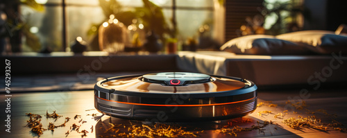 Autonomous robotic vacuum cleaner on polished wooden floor efficiently cleaning household surfaces in a modern home interior with warm sunlight streaming in photo