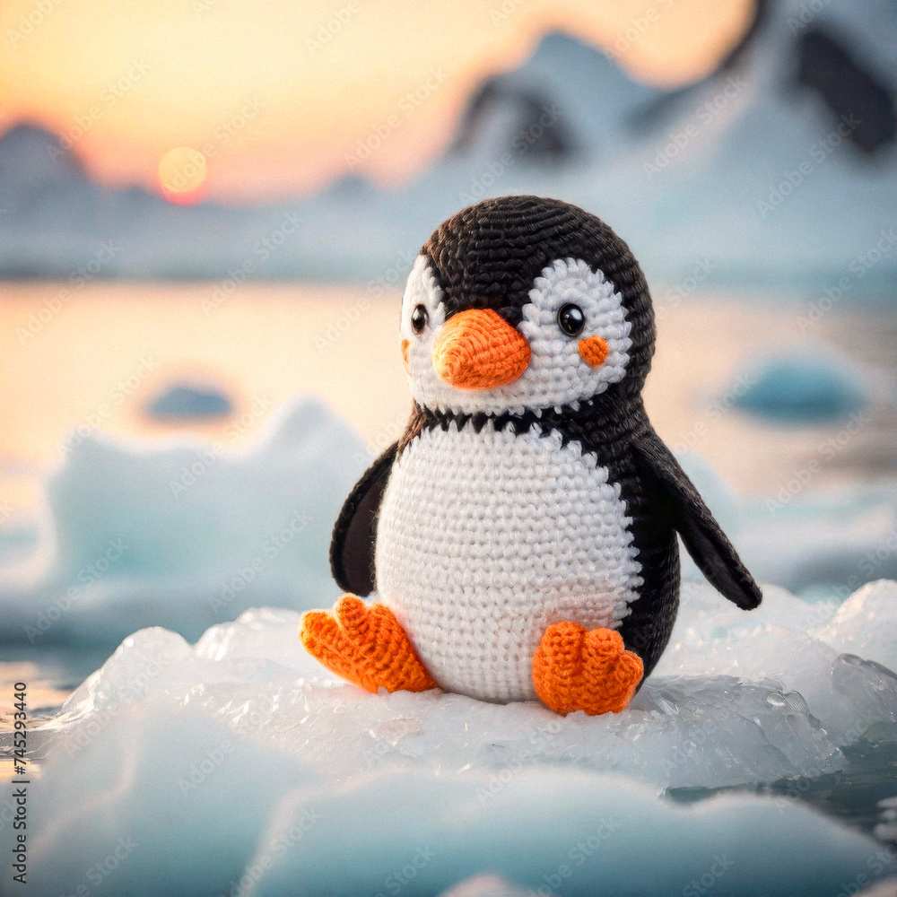 Obraz premium Knitted from wool cute penguin on an ice floe, Japanese art - amigurumi