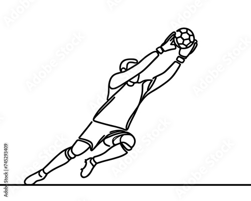Vector image of a goalkeeper catching the ball, in a linear style, on a white background.