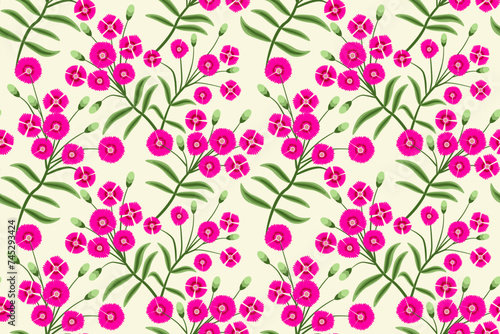 Pink Dianthus Floral Seamless Pattern. Vector Illustration design for fabric, tile, wrapping, clothing, background, and wallpaper