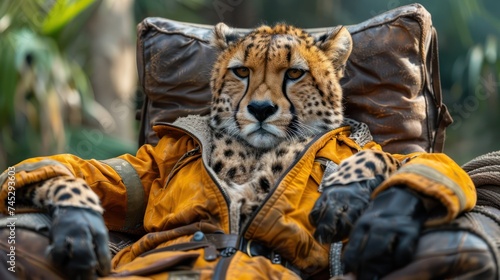 a chubby cheetah lounging in a zookeeper costume photo