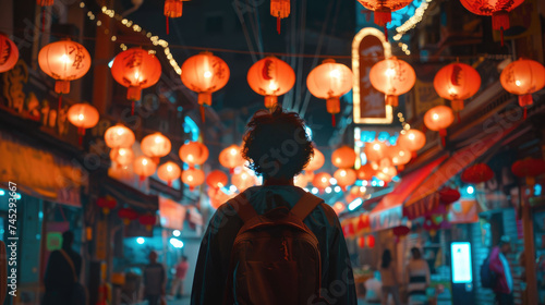Rear view of a photo of a young boy in a city in Chinatown during Ramadan