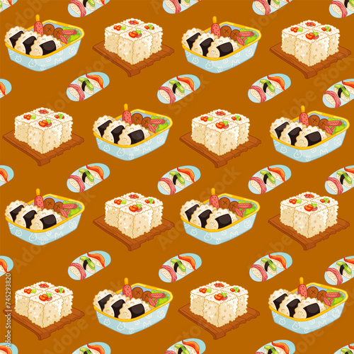 Sushi rolls seamless pattern japan Asian food vector design isolated on colorful background