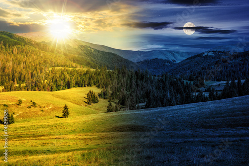 summer landscape with meadow near spruce forest on hills in mountainous area with sun and moon at summer solstice. day and night time change concept. mysterious countryside scenery in morning light