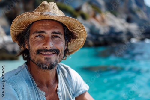 A cheerful man enjoys the seaside, sporting a straw hat, and a bright smile