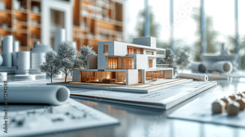 a meticulously crafted architectural model of a modern residence with detailed blueprints in the foreground, set against the context of urban design and development