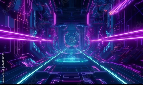 Digital conveyor belt with neon glow background. Purple and 3d blue led glow in empty futuristic tunnel with cyber mine in center photo