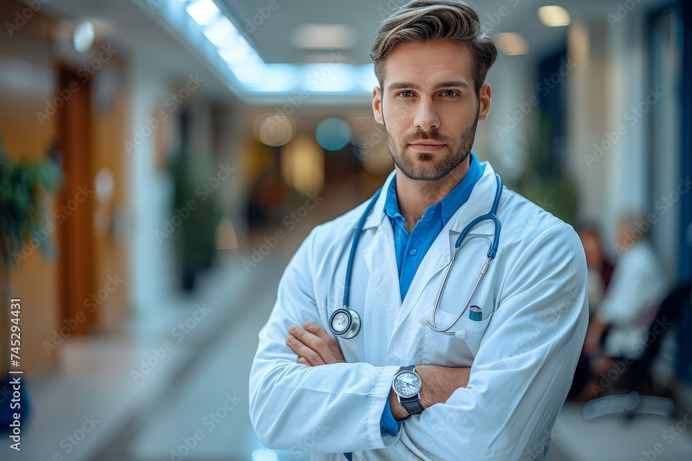 A young male doctor with a warm smile stands in a hospital hallway with folded arms A young male doctor with a warm smile stands in a hospital hallway with folded arms