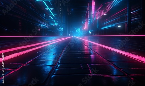 Neon paving stone road with glowing lines closeup background. City empty night 3d highway made of rough wet cobblestones with purple cyber design © Kyryl