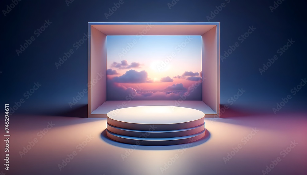 minimalist 3d studio with a rounded podium, under a pastel twilight canopy. 3d stage for product display. an abstract platform for product presentation. podium for advertising. Empty pedestal 3D model minimalist 3d studio with a rounded podium, under a pastel twilight canopy. 3d stage for product display. an abstract platform for product presentation. podium for advertising. Empty pedestal 3D model