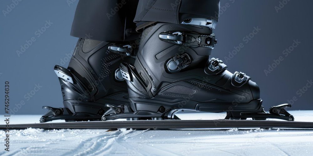 Ready to Ski: Close-up of Ski Boots on Fresh Snow. Skier's feet clad in modern ski boots, against a snowy backdrop with falling snowflakes. - obrazy, fototapety, plakaty 