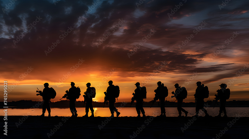 silhouette of u s military men and veterans at sunset - obrazy, fototapety, plakaty 