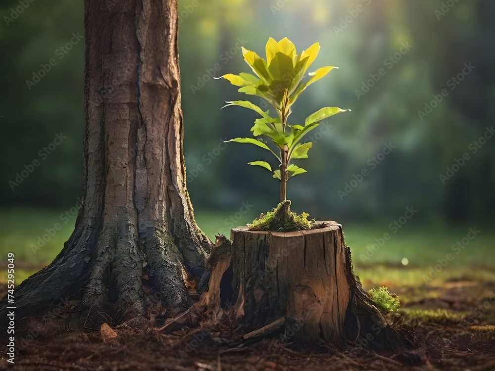 Young tree emerging from old tree stump Young tree emerging from old tree stump