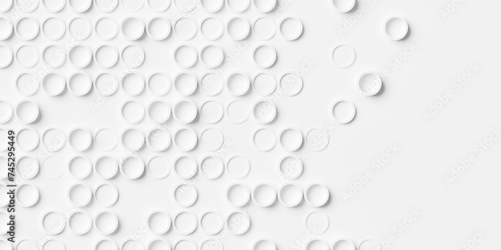 Array or grid of randomly offset white circular rings background wallpaper banner pattern with copy space