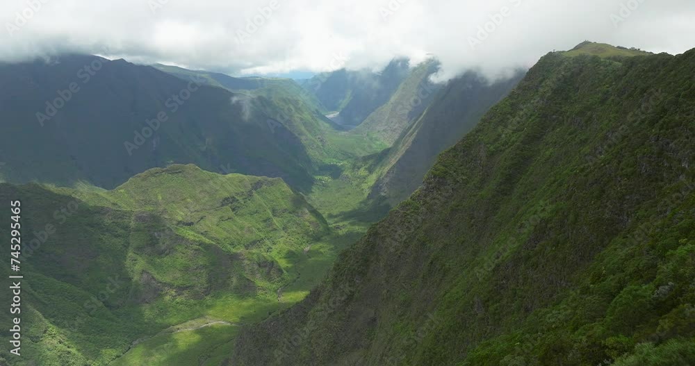 Reunion island landscape aerial view forest valley Reunion island landscape aerial view forest valley