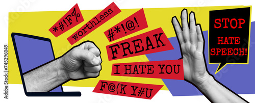 cyberbmobbing. Agressive fist reaching out of laptop with bold lettering of Hate speech. Online social media verbal violence. 