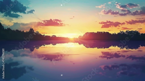 Minimalist Anime Background of Peaceful Lake at Sunrise