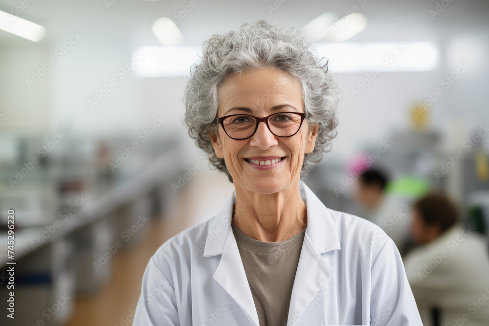 Woman in Lab Coat Smiling at Camera Woman in Lab Coat Smiling at Camera