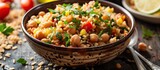 A bowl filled with rice and vegetables, including chickpeas in the Turkish dish Nohutlu pilav or pilaf, sits atop a wooden table.