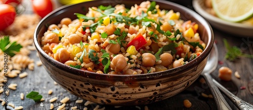 A bowl filled with rice and vegetables, including chickpeas in the Turkish dish Nohutlu pilav or pilaf, sits atop a wooden table. photo