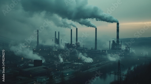 industrial pollution  this image features smokestacks of a factory complex releasing plumes of smoke into the twilight sky  reflecting environmental concerns