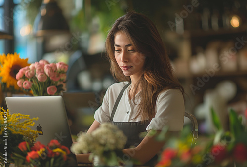 beautiful woman using laptop in the flower shop © Apisit