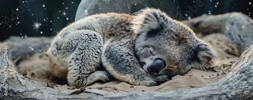 A koala curled up for a nap on the moon in a playful and creative interpretation photo