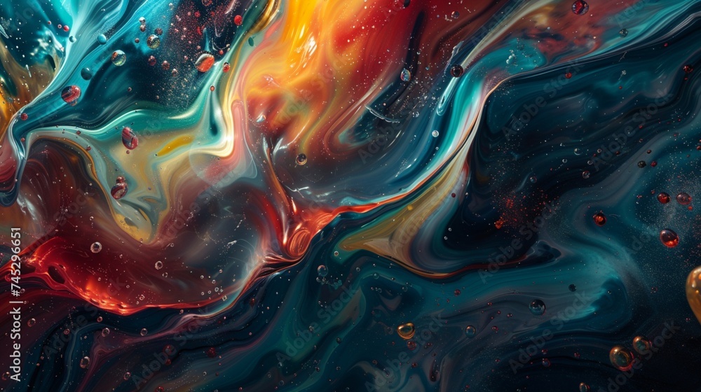 Chaotic symphony of swirling liquid metallic hues, blending seamlessly to construct an otherworldly abstract masterpiece. - obrazy, fototapety, plakaty 